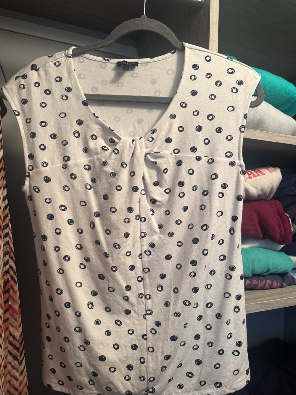 Robert Talbott White Sleeveless Camisole with Navy Polka Circles